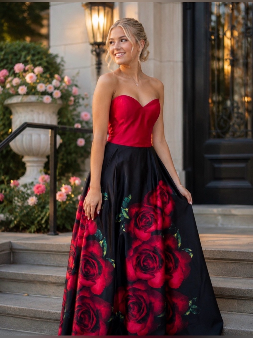 Blondie Nites Strapless Red Bodice with Black Rose-Printed Skirt
